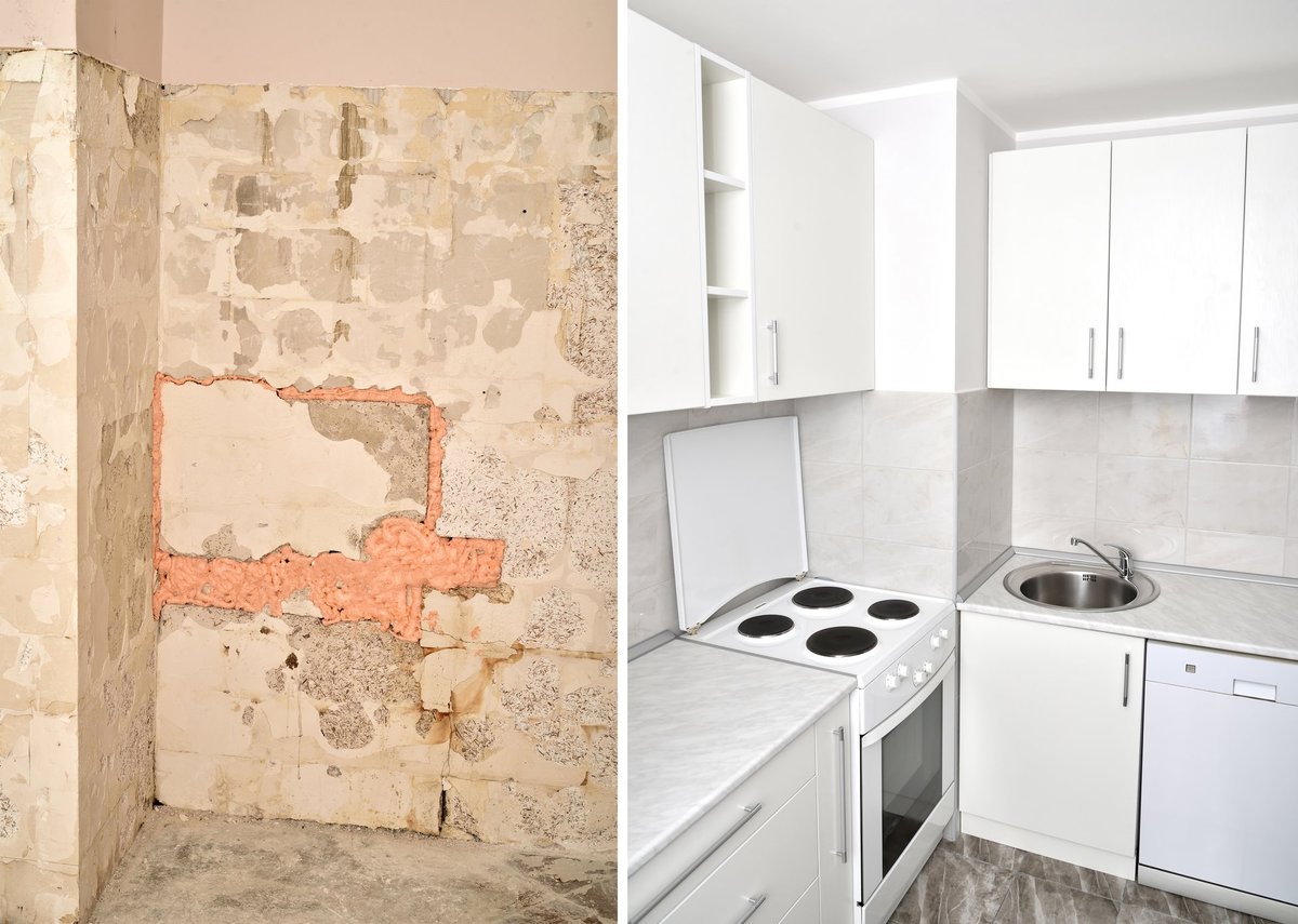 Kitchen renovation before and after - damaged room transformed into modern kitchen with white cabinets and new appliances
