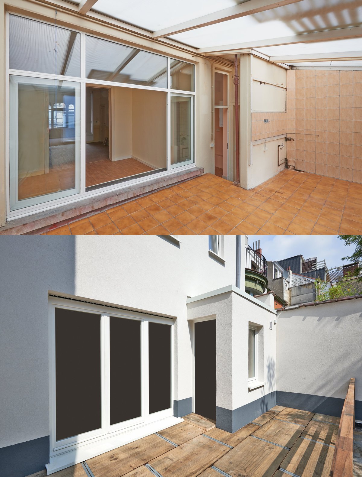 Building facade renovation before and after - insulation and exterior restored