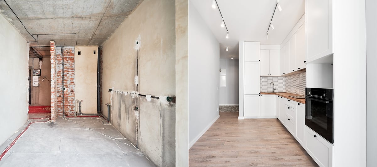 Apartment renovation collage - old apartment transformed into modern living space