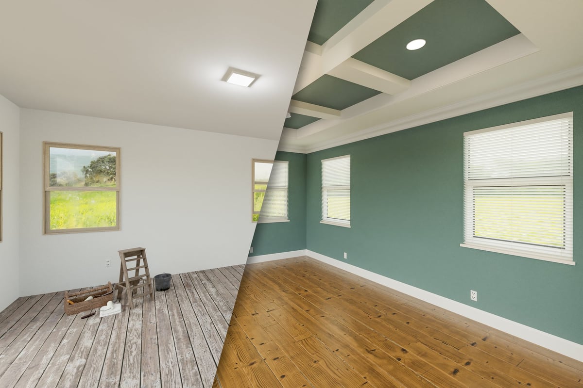 Bedroom renovation before and after - unfinished space transformed into elegant bedroom