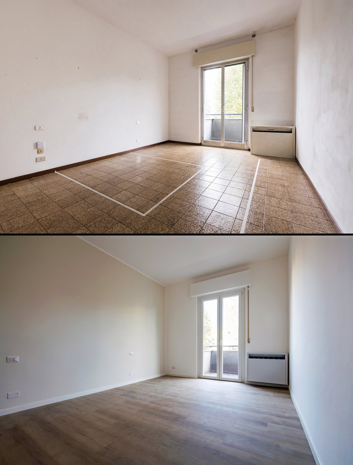 Bedroom renovation before and after - new flooring and fresh paint